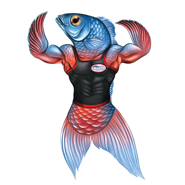 NorthFin muscle-fish mascot — built strong